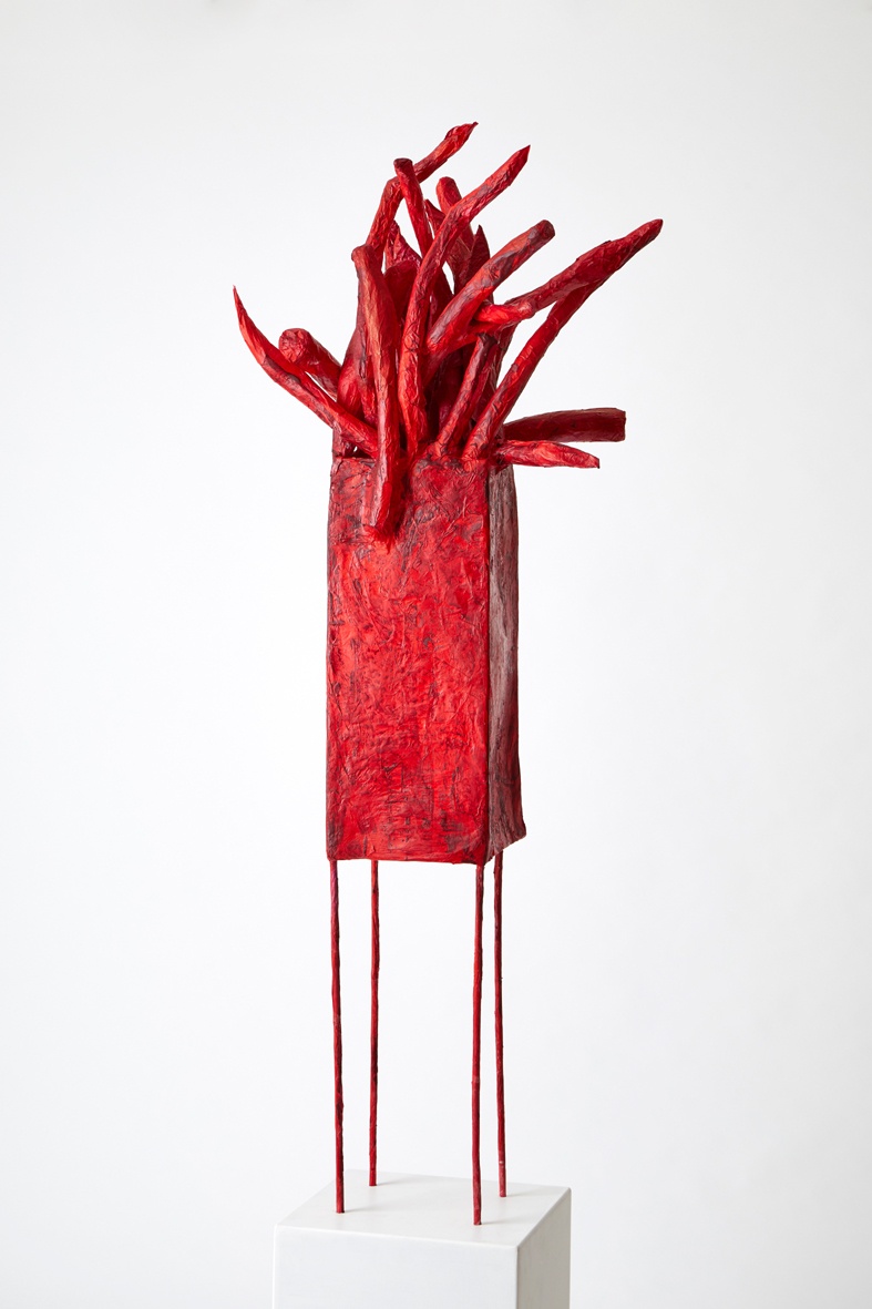 Wildnis IX, eingefärbtes Seidenpapier, Wachs, Holz, 120 cm, 2020